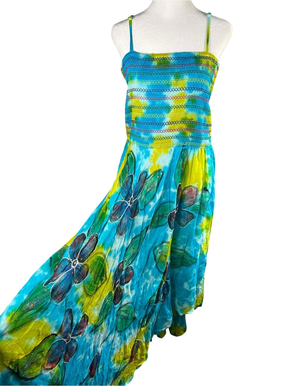 Boho Tie-Dye Floral Asymmetrical Maxi Dress - Blue & Green